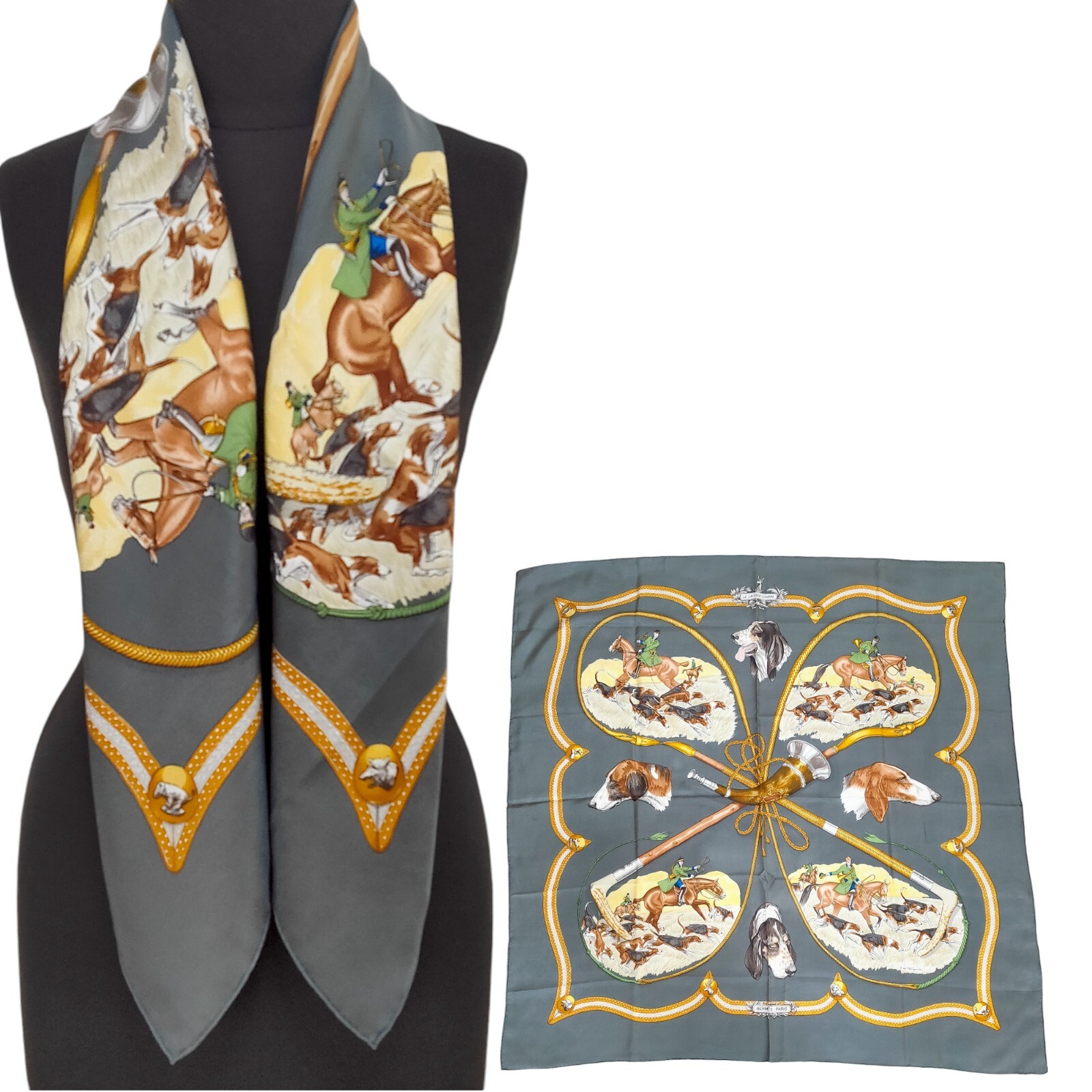HERMES/エルメス カレ90 LE LAISSER COURRE HERMES 【箱付き】 エルメス シルク カレ90 LE LAISSER COURRE