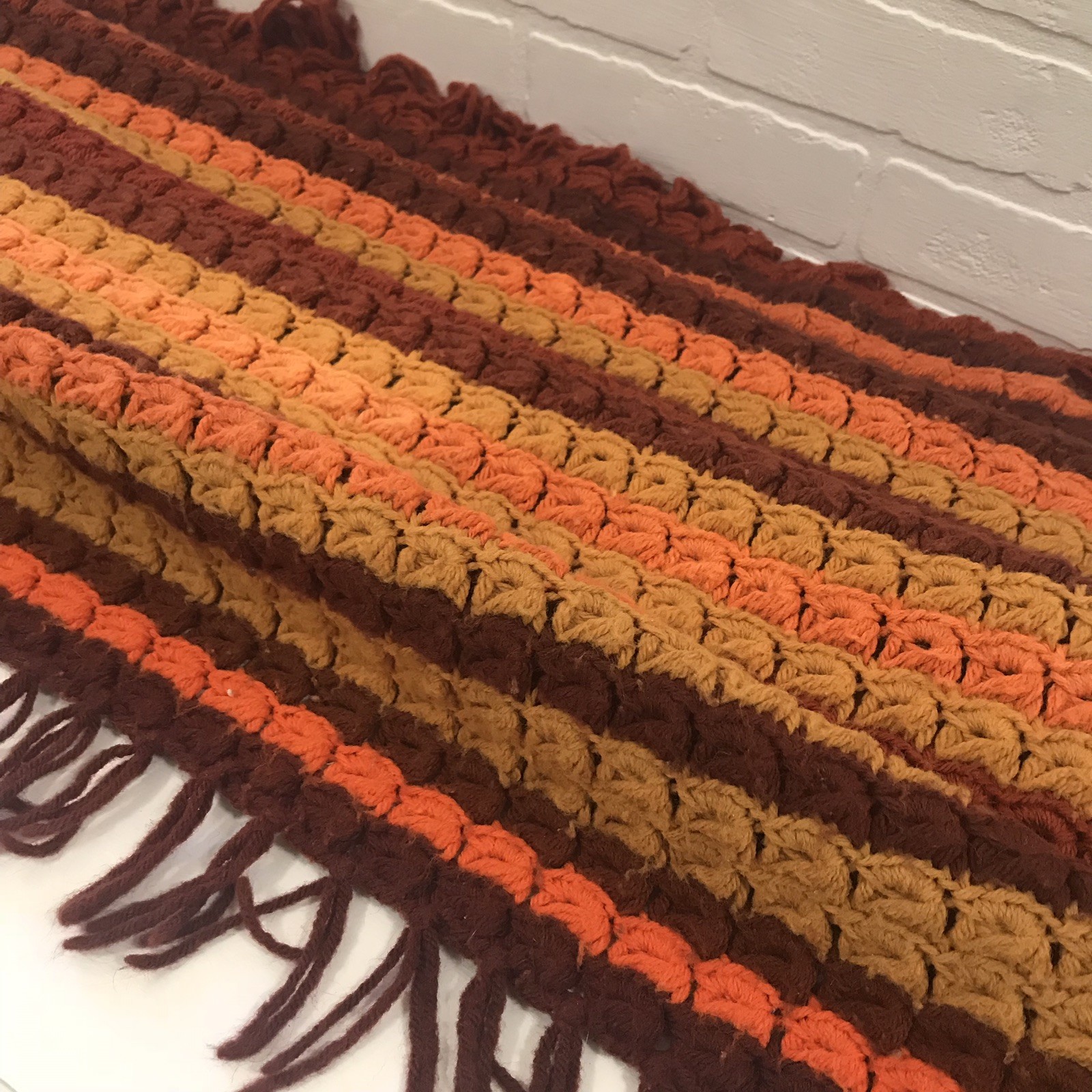 Vintage Hand Crocheted Granny Afghan Blanket Throw Orange Rust Gold