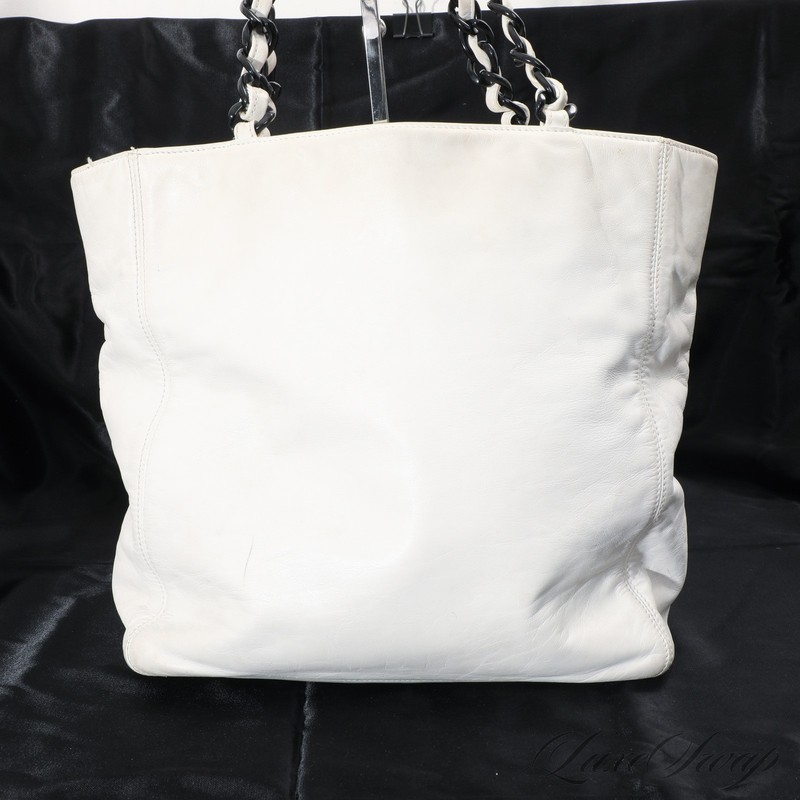 Chanel Made in Italy White Leather Black Resin Chained Handle
