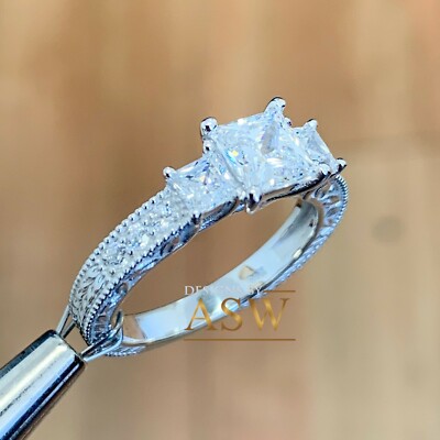 Pre-owned Halo 14k White Gold Round Cut Diamond Engagement Ring  Bridal Three Stone 1.60ctw