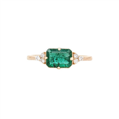 East West Emerald Ring w Earth Mined Diamonds in Solid 14K Yellow Gold