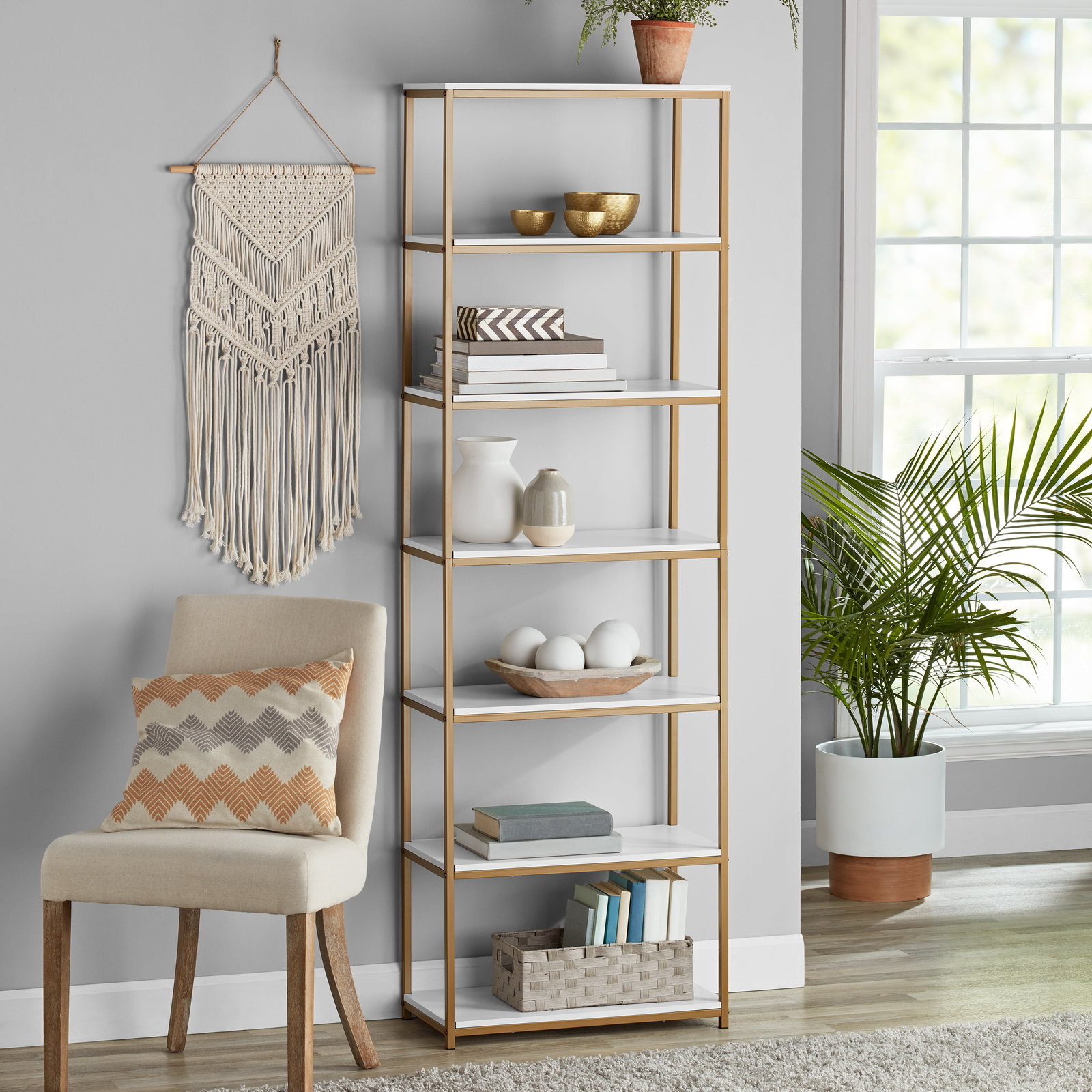 6-Shelf Gold Metal Frame Bookcase, Open Storage, Metal Frame, Gold Metal, Indoor