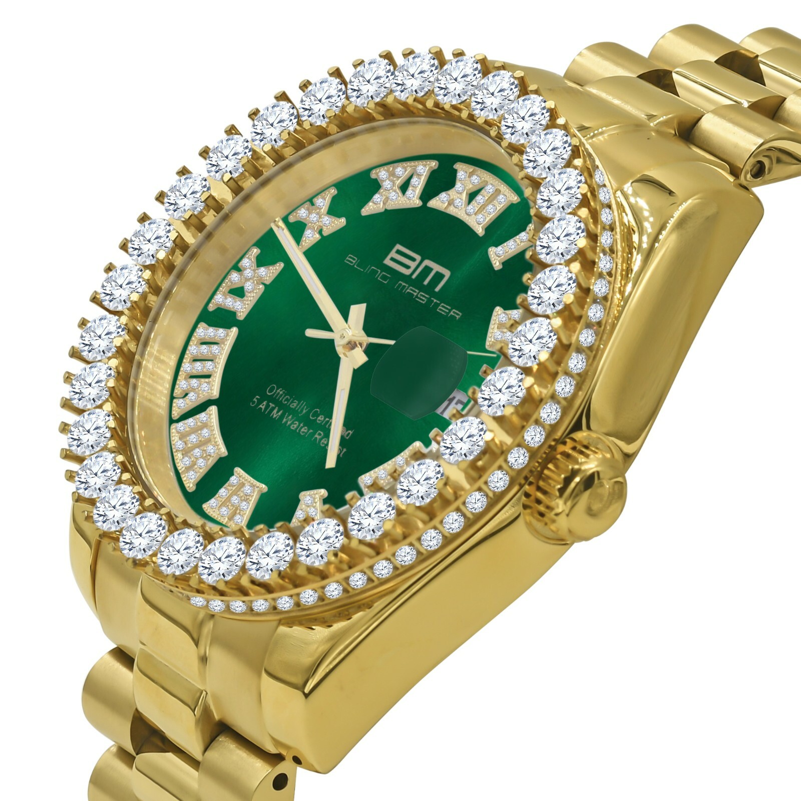 Pre-owned Bling Master Roman Green Dial Solid Steel Men 18k Gold Tone Simulated Diamond President Watch