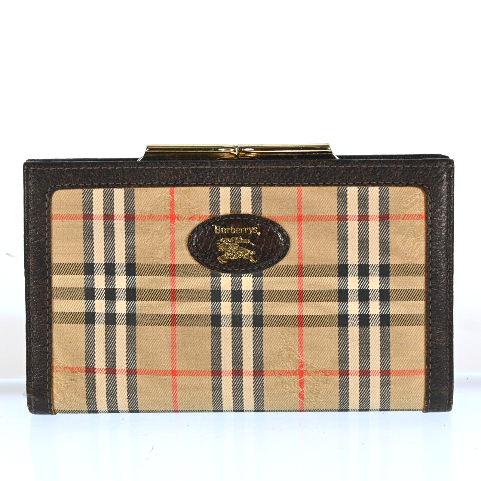 バーバリー ノバチェック 金ボタン 三つ折り財布 キャンバス シボ革 レザー