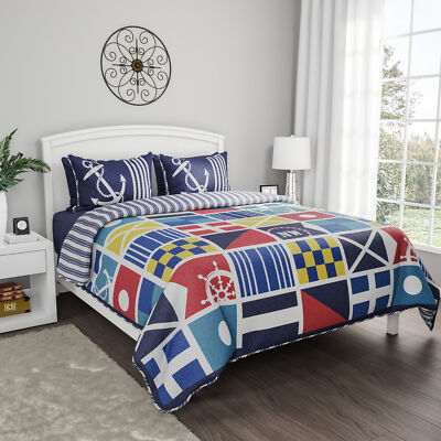 Quilted Bedspread Set Mariner Design Twin Nautical Anchor Coastal Theme