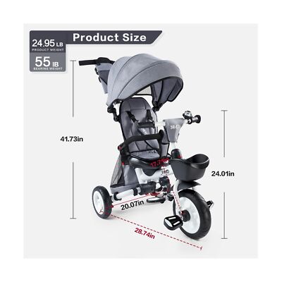 Baby Tricycle, 7-in-1 Folding Kids Trike with Adjustable Parent Handle, Safet...