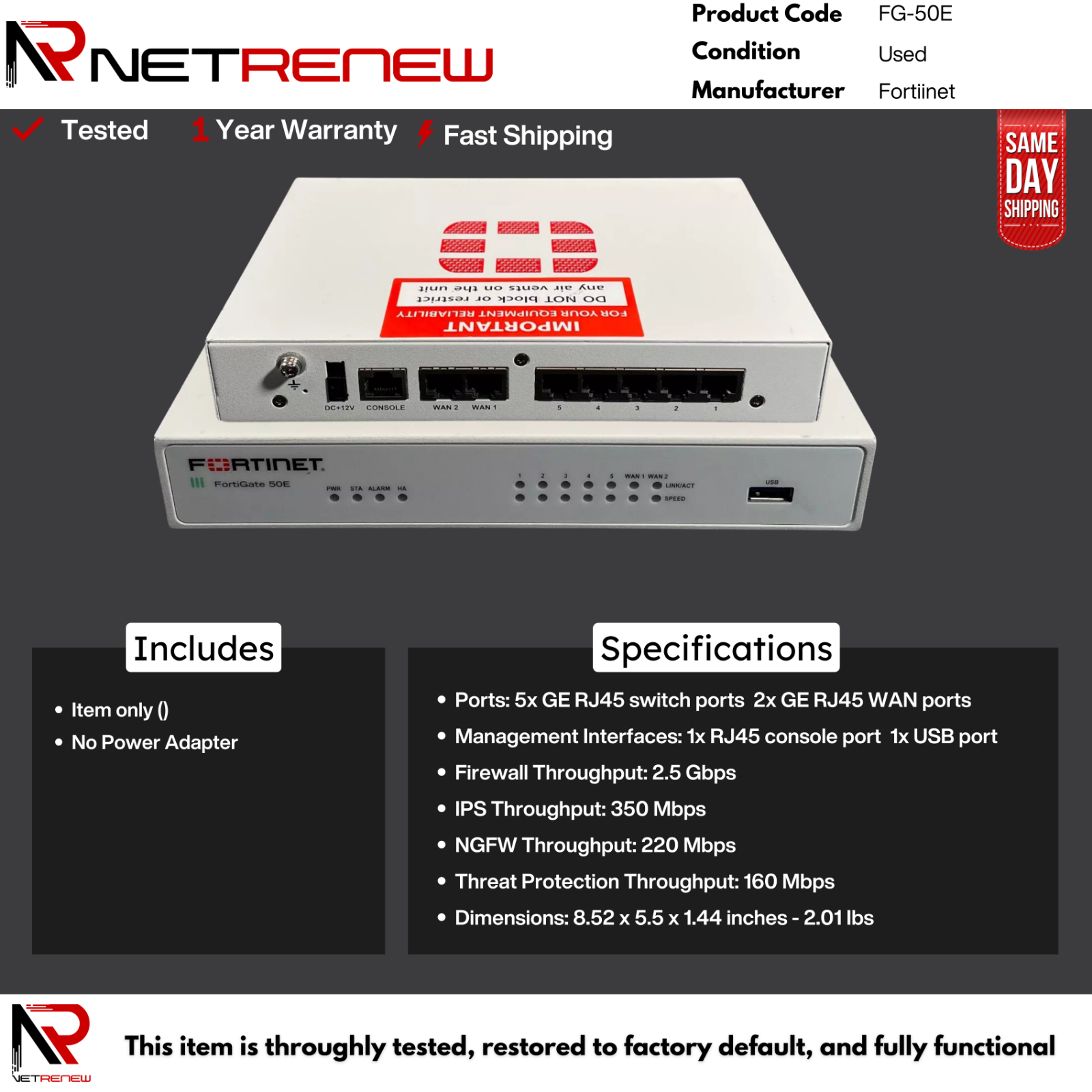 【かびごん様とやり取り中】Fortinet 50E ×2台　2960 3650 Amazon.com: Fortinet FG-50E FortiGate 50E Network Security