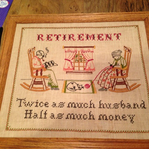VINTAGE EMBROIDERY Crewel Sampler Retirement Twice the husband, half Money FRAME