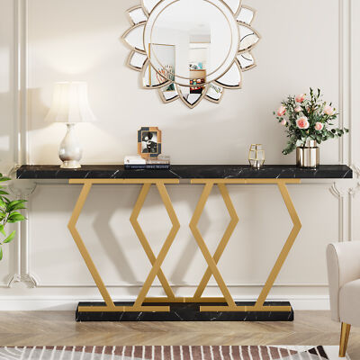 71'' Wood Metal Long Narrow Console Table Faux Marble Entryway Hallway Table
