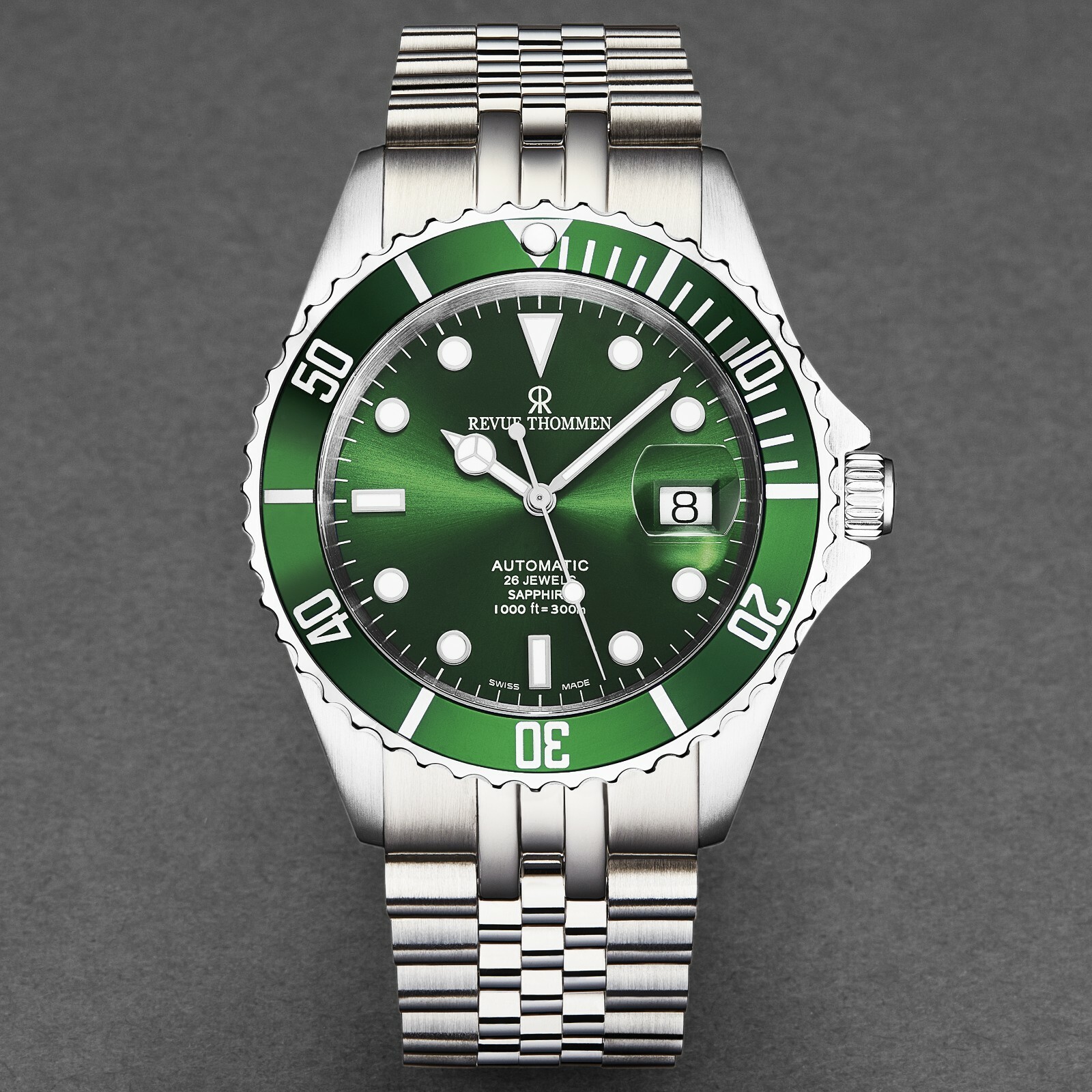 Pre-owned Revue Thommen Men's Diver Green Dial Stainless Steel Automatic Watch 17571.2229