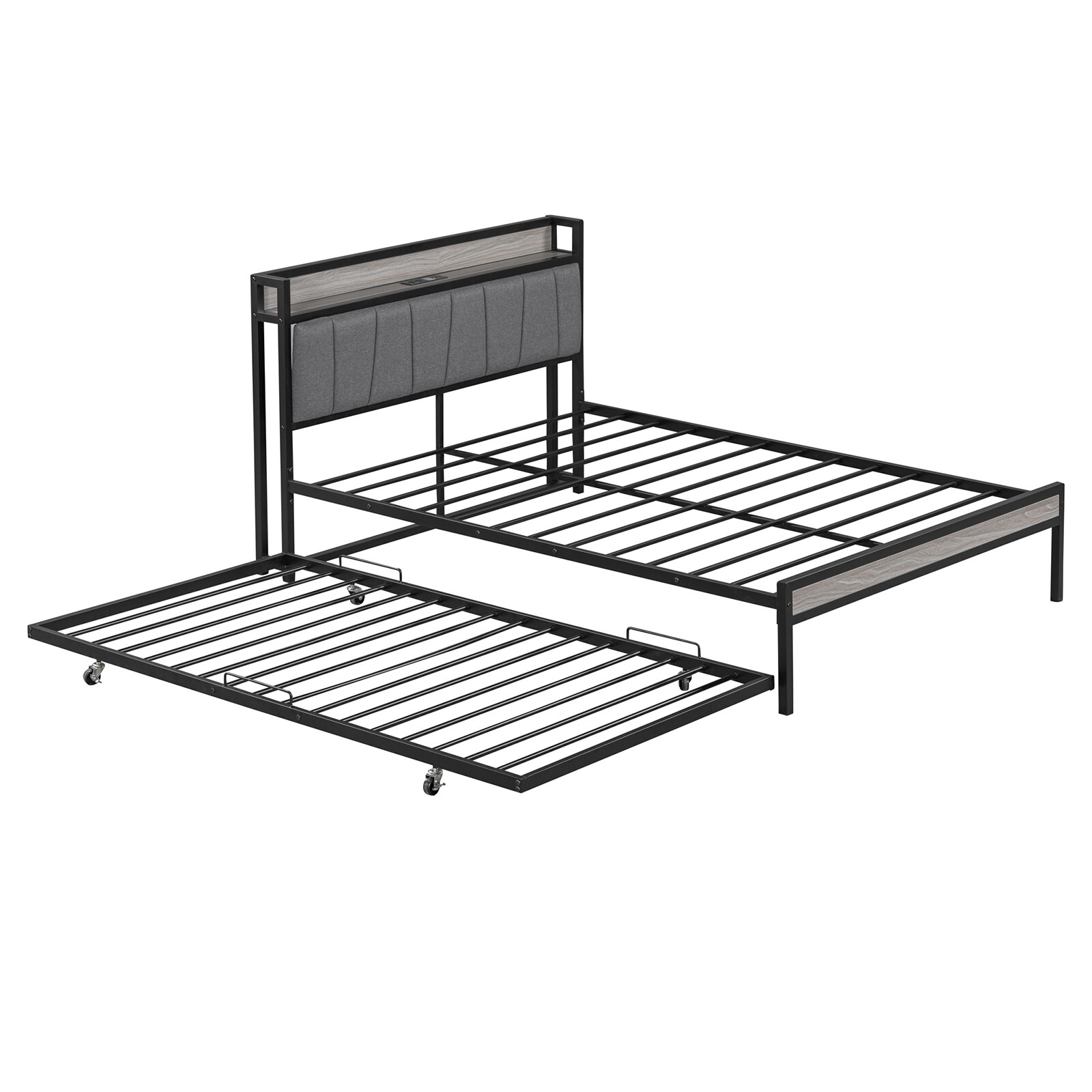 Queen/Full Size Metal Platform Bed Frame W/ Twin size Trundle & Socket USB Port