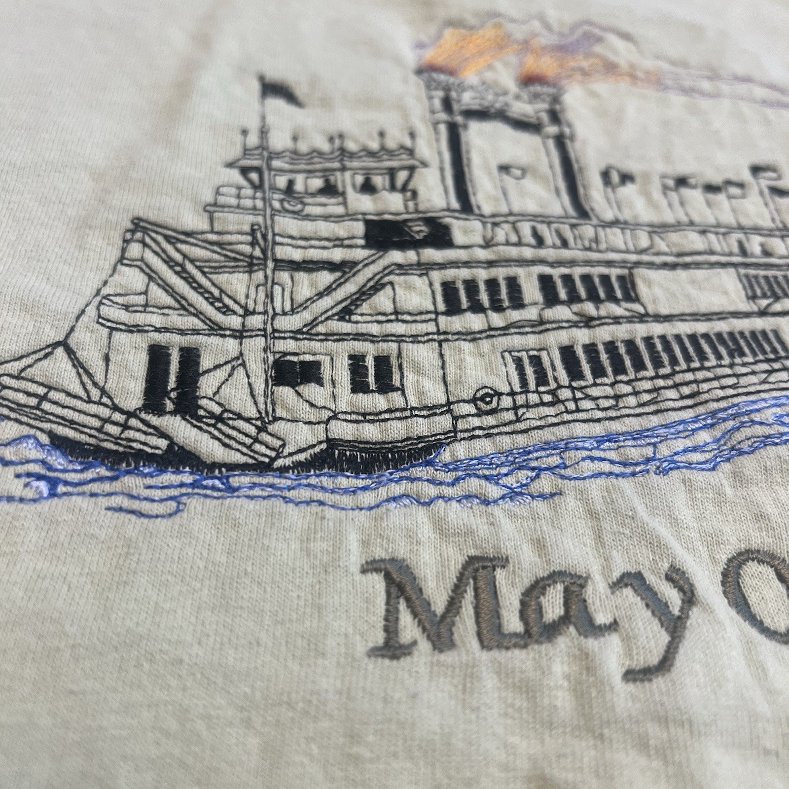 Vintage Paddle Boat Embroidered T-Shirt Lime Green Size XL Heavy Weight May 7th