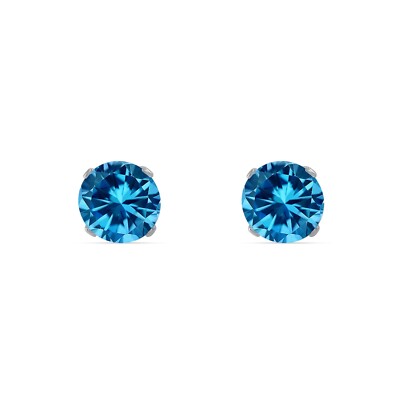 Pre-owned Shine Brite With A Diamond 2 Ct Round Cut Blue Earrings Crown Set Studs Real Solid 14k White Gold Push Back In White/colorless