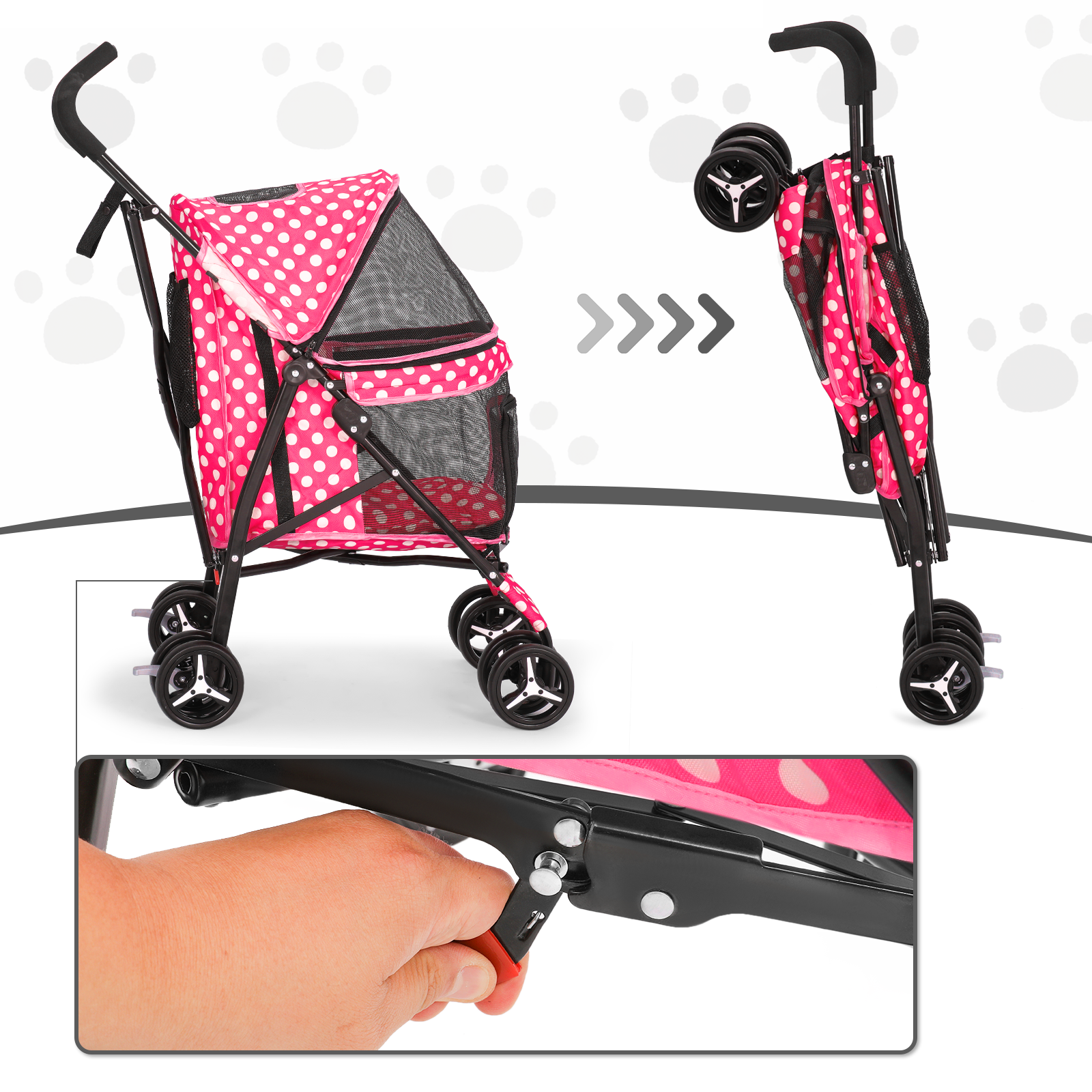 4 Wheels Pet Stroller w/Skylight+Storage Basket Foldable Cat Cage Travel Carrier