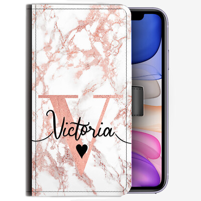 Personalised Pink Initial Phone Case;Heart Peach Marble PU Leather Flip Cover