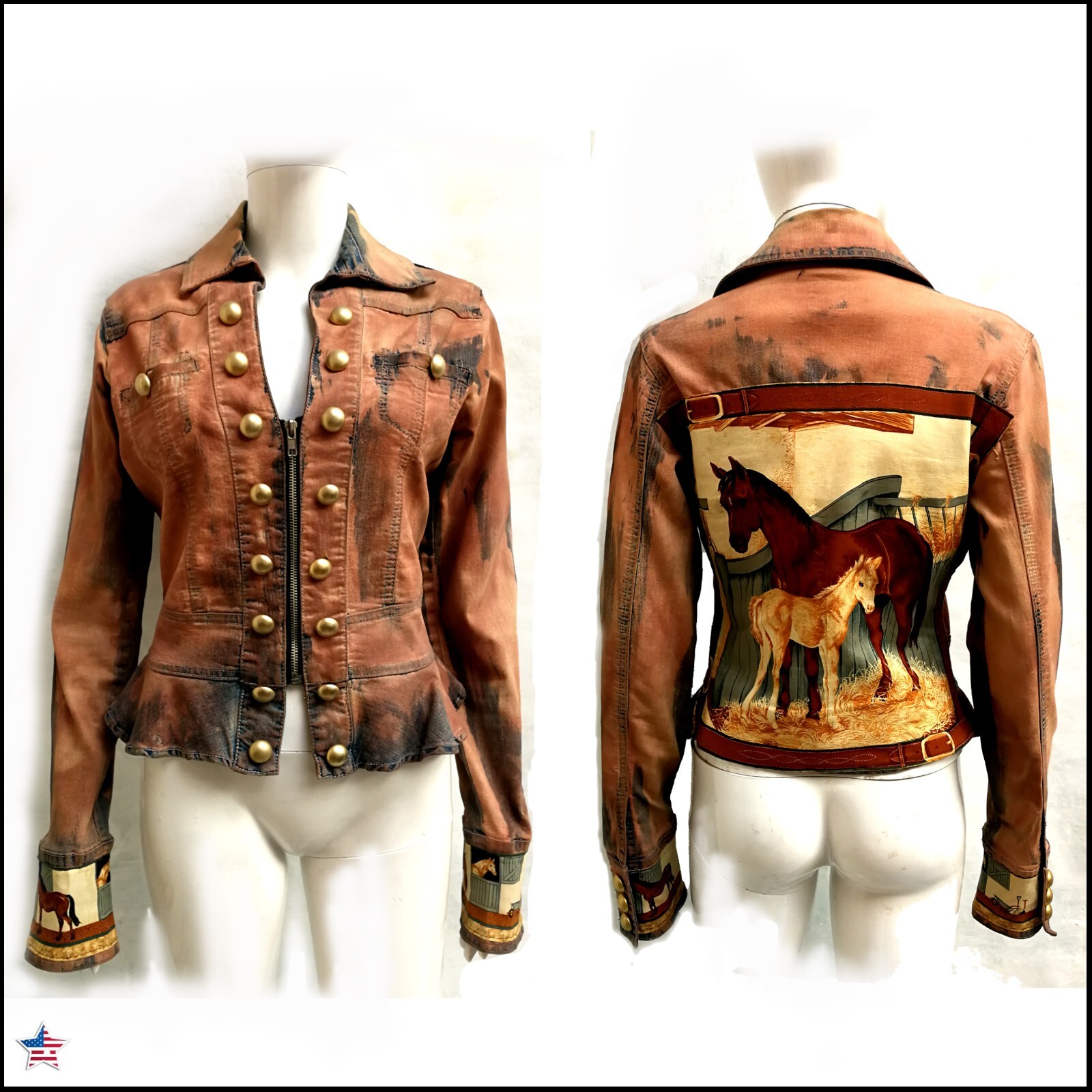 Pre-owned Amira Di Transilvania Denim Casual Woman Jacket Luxury Fashion Brand Italy Spring Autumn Horses Brown