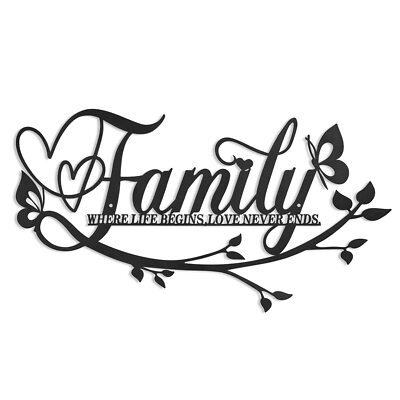 Family Where Life Begins Love Never Ends Word Sign Metal Wall Decor, Black Ho...