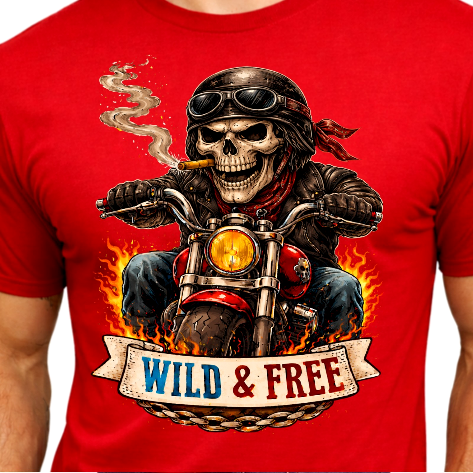 Wild And Free Skeleton Rider Motorcycle Biker Graphic Tee Flaming Chopper Top.