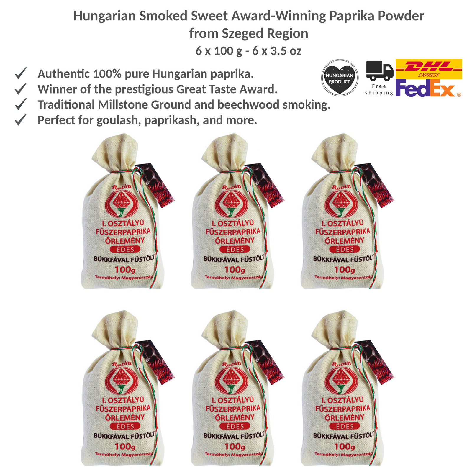 Hungarian Ground Smoked Sweet Paprika Powder from Szeged Region, Rubin 100gx6