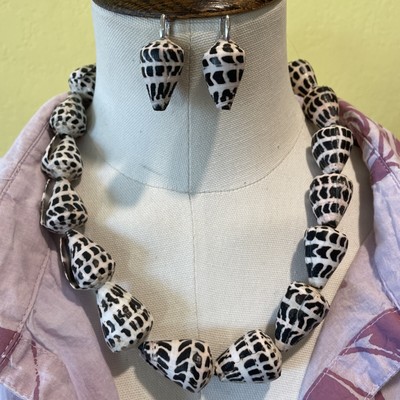 Set handmade Hebrew shell necklace Leather Cone Earrings Sterling 925