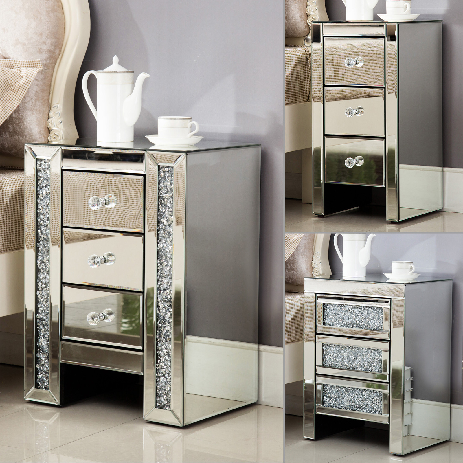 Mirrored 3 Drawers Nightstand Bedside Cabinet Sofa End Table