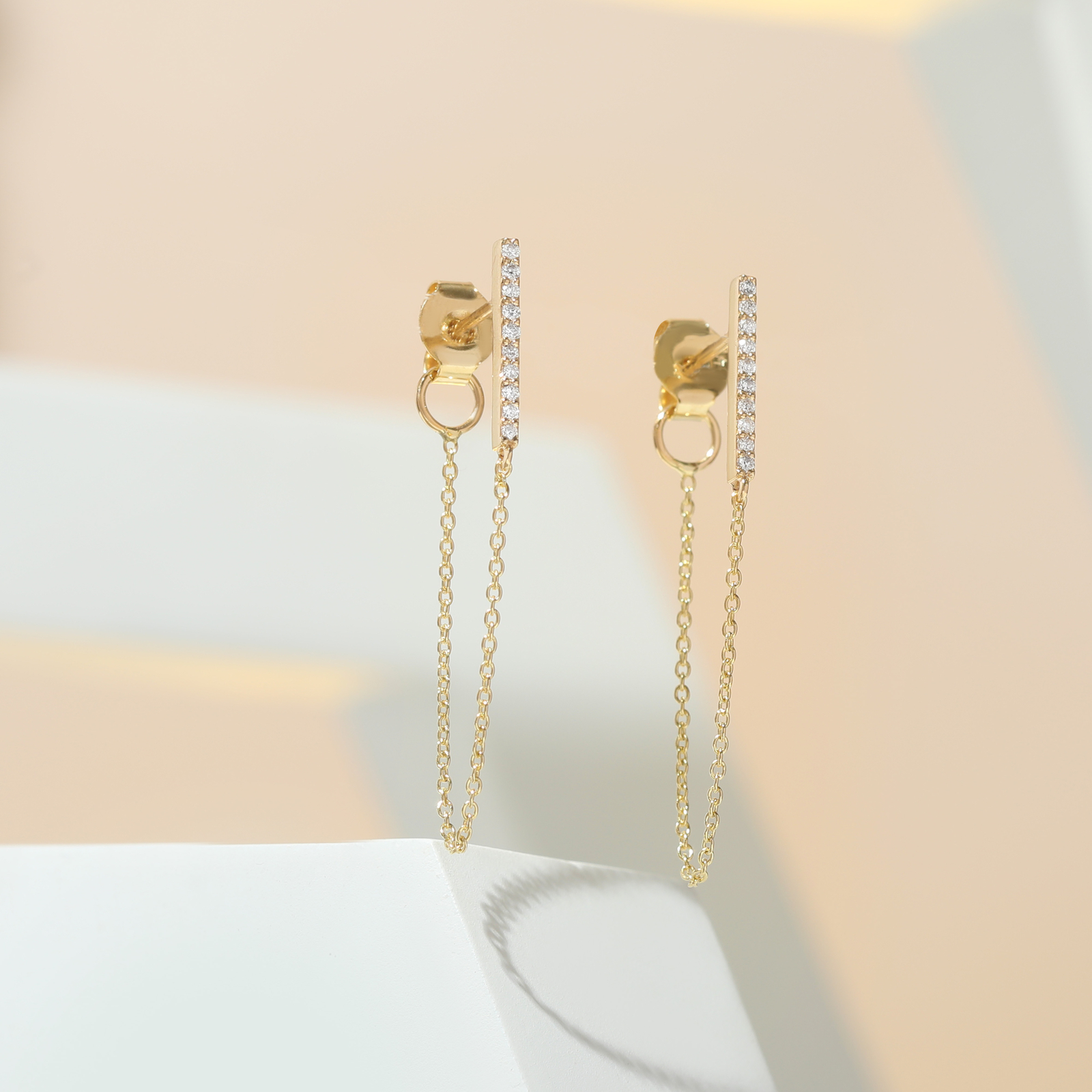 14K Gold 0.10 Ct. Lab-Created Diamond 35 mm Long Bar Chain Earrings Fine Jewelry