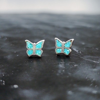 Native American Butterfly Studs Turquoise Inlay Sterling Silver Petite