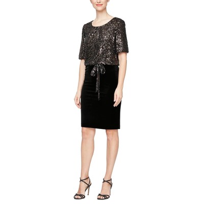 Alex Evenings Short Blouson Dress with Sequins Bodice and Velvet Slim Skirt