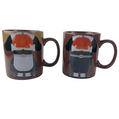 Thanksgiving Coffee Mugs Cups Mr  Mrs Pilgrim Set 2 Fall Pumpkin Founders 16 oz