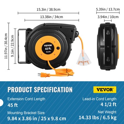 VEVOR Retractable Extension Cord Reel Power Cord Reel 45FT 12AWG/3C SJTOW