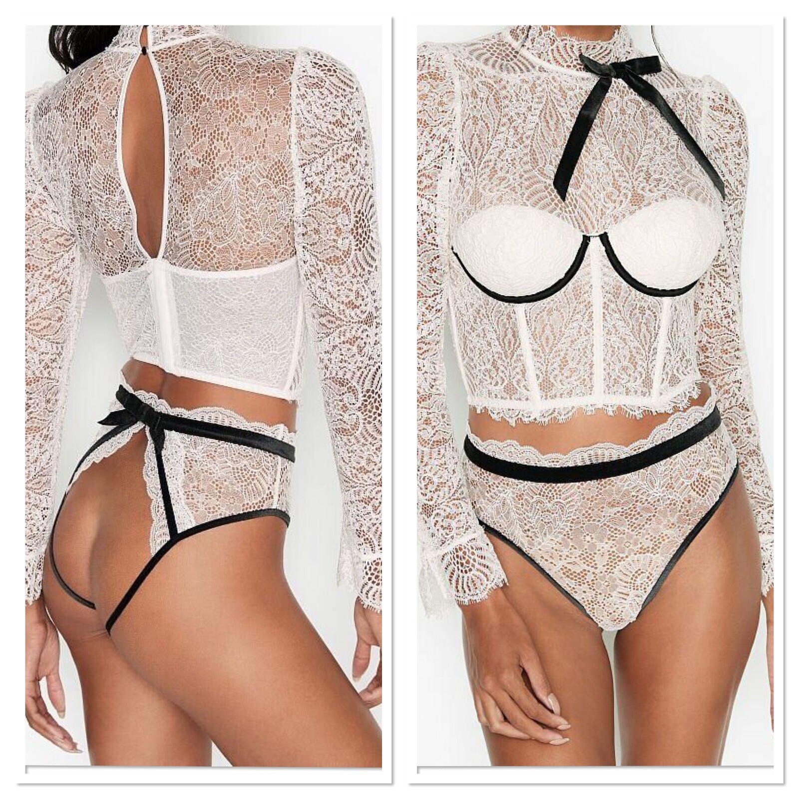 

Victorias Secret Кружевной комплект с бюстгальтером-балконетом и длинными рукавами на тонкой подкладке, Белый