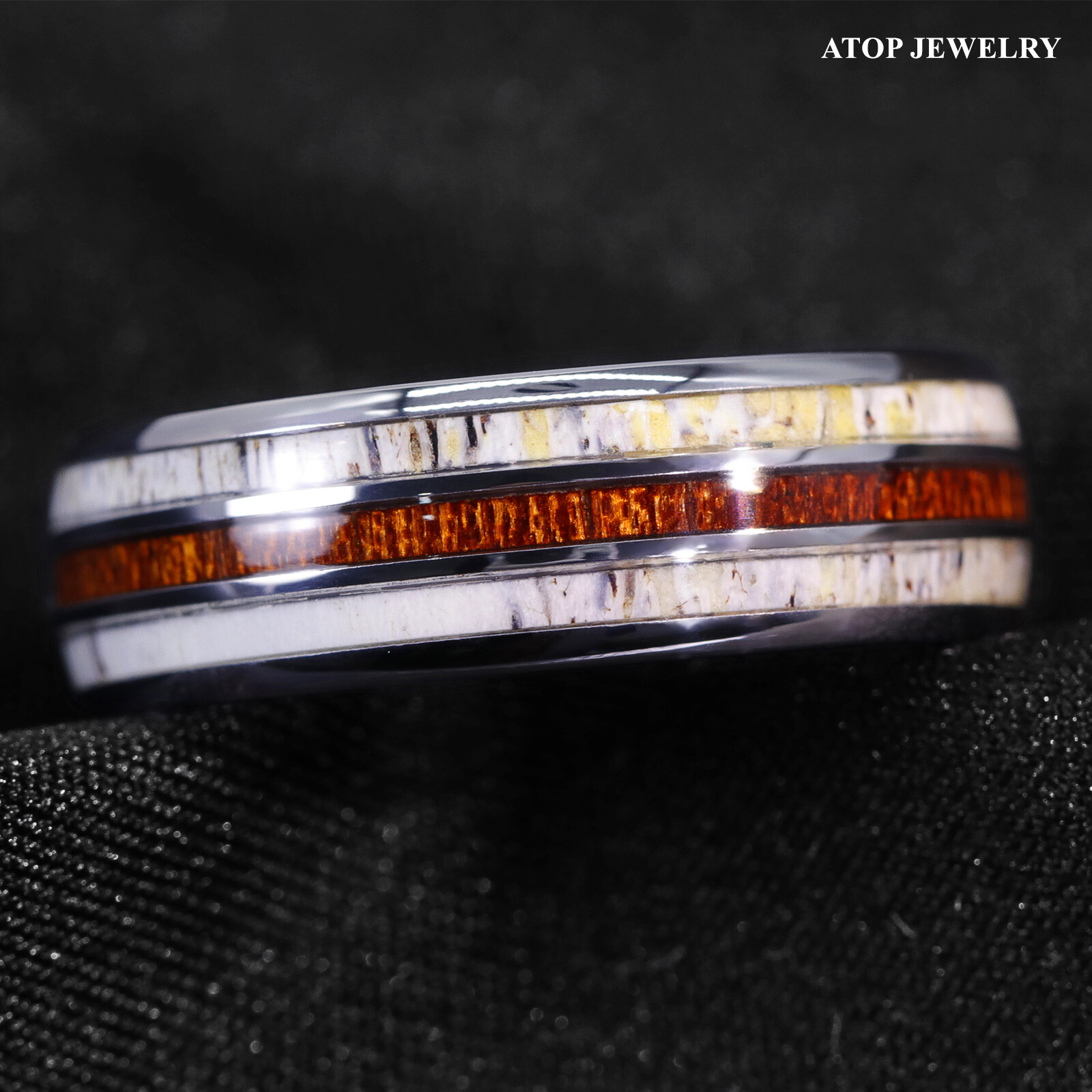 8mm Silver Tungsten Ring With Deer Antler Koa Wood Men Wedding Band ATOP Jewelry