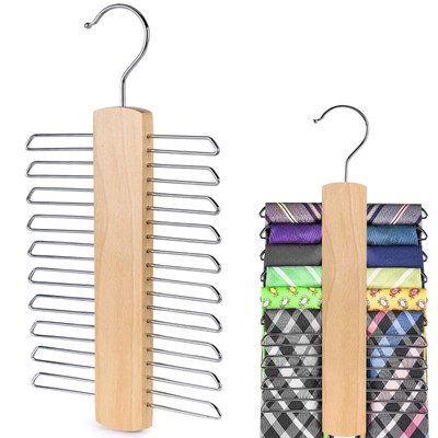 Wooden Tie Hanger Organizer Rotating Hanger with 20 Storage Hooks for Closet