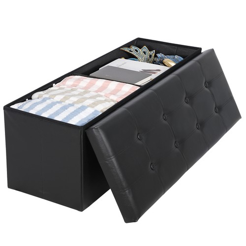 43" Folding Storage Ottoman Bench Faux Leather Footrest Chest with Divider Black