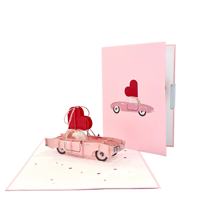 Pop Up Greeting Card - 3D Pop-Up Love Road Trip in a Pink Vintage Car