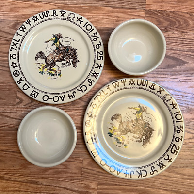 True West Westward Ho Rodeo Pattern 2 Dinner Plates & 2 Bowls Cowboy Bronco New