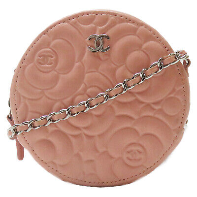 CHANEL Pink Camellia Round Clutch With Chain Shoulder Bag Calfskin Leather