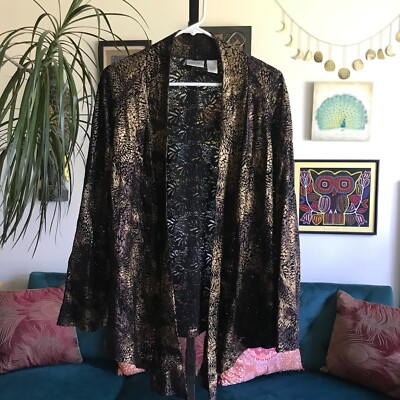 CHICO'S size 1 / M Metallic Gold & Black Mesh Lace Open Cardigan Jacket Top