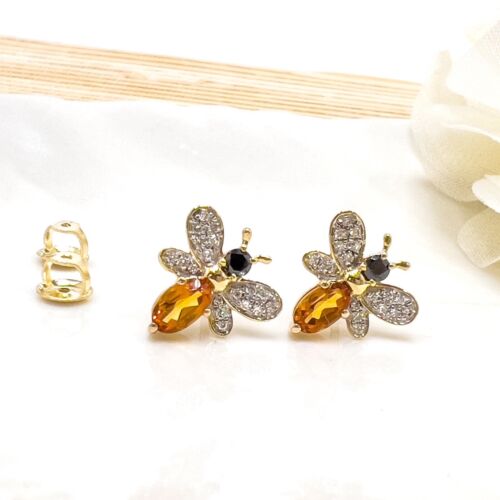 10k Yellow Gold Genuine Citrine, Diamond & Sapphire Bumble Bee Screw-Back Studs - Picture 1 of 10