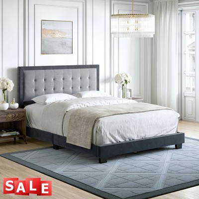 Marco de Cama Plataforma Base Madera Tapizada King Size Cabecera Elegante Gris