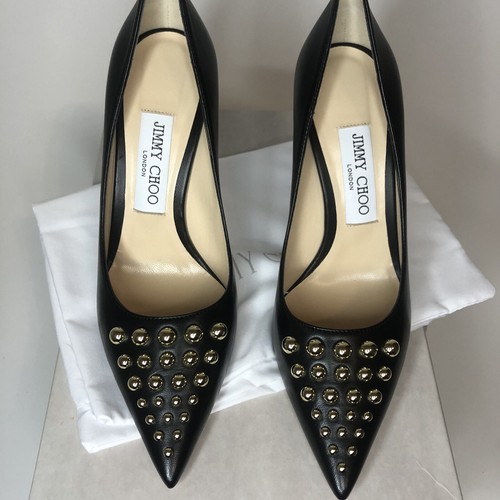 Pre-owned Jimmy Choo Love 100 Black Nappa Leather Heels With Gold Degrade Studs Size 37