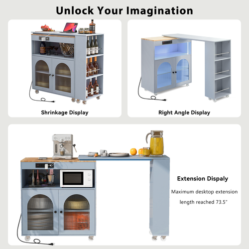 Rolling Kitchen Island with Extended Table w/LED Lights &Charging Station w/Door