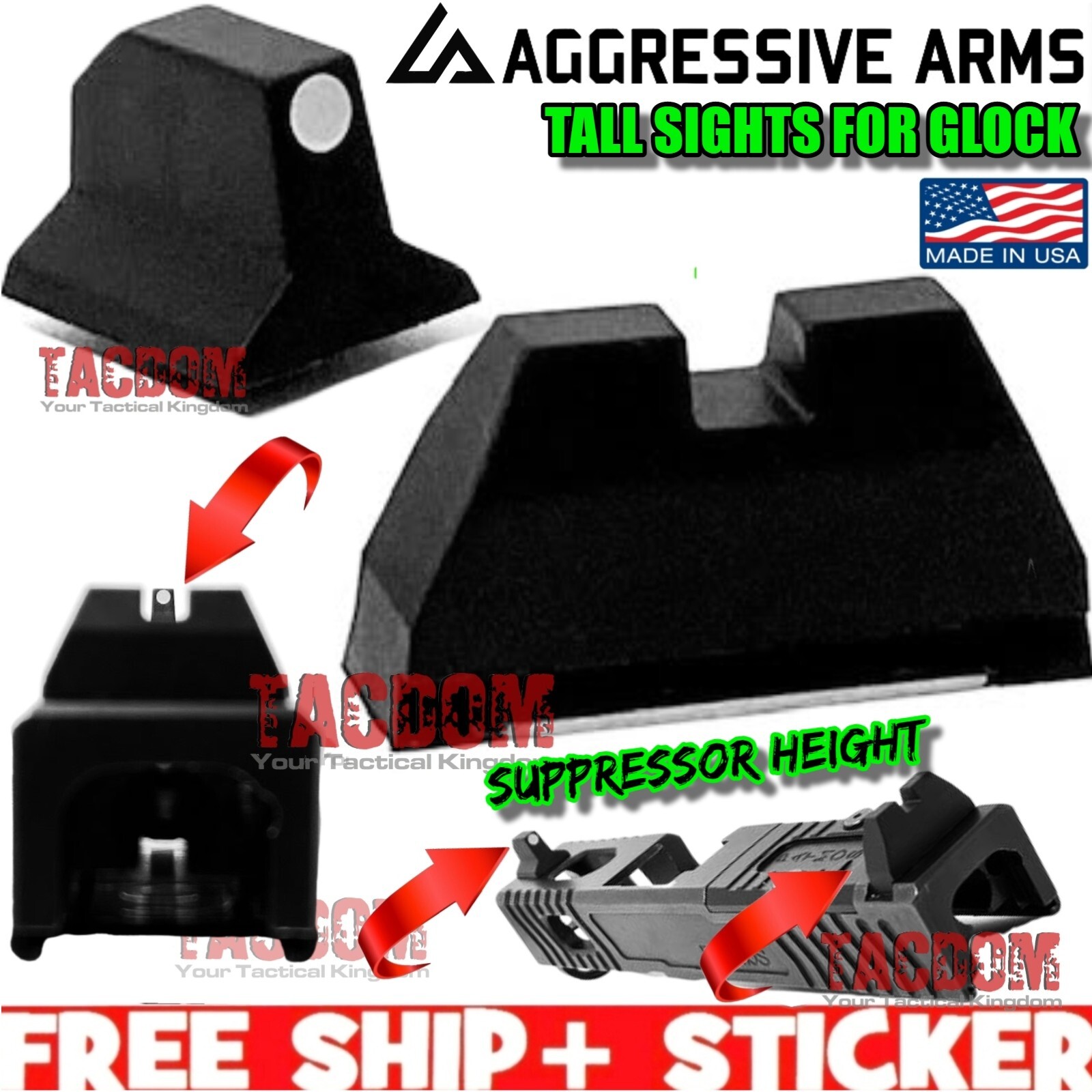 AGGRESSIVE ARMS Suppressor TALL Height Sights for Glok Poly