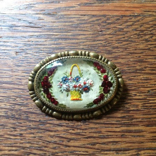 Victorian enamel brooch - oval brooch - vintage pin - flowers - basket - floral
