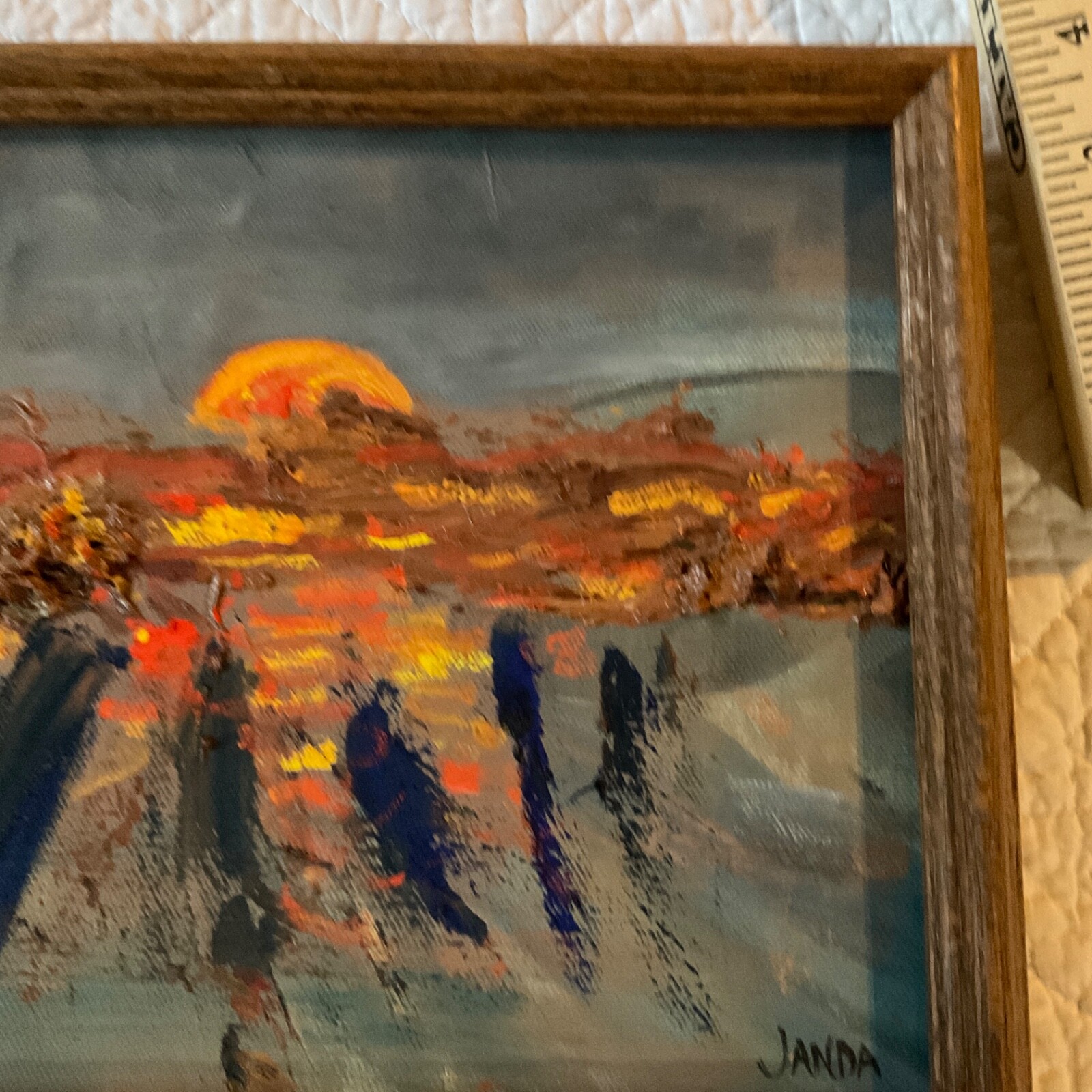 VINTAGE abstract original hand painted PAINTING blues gold sunset small by Janda
