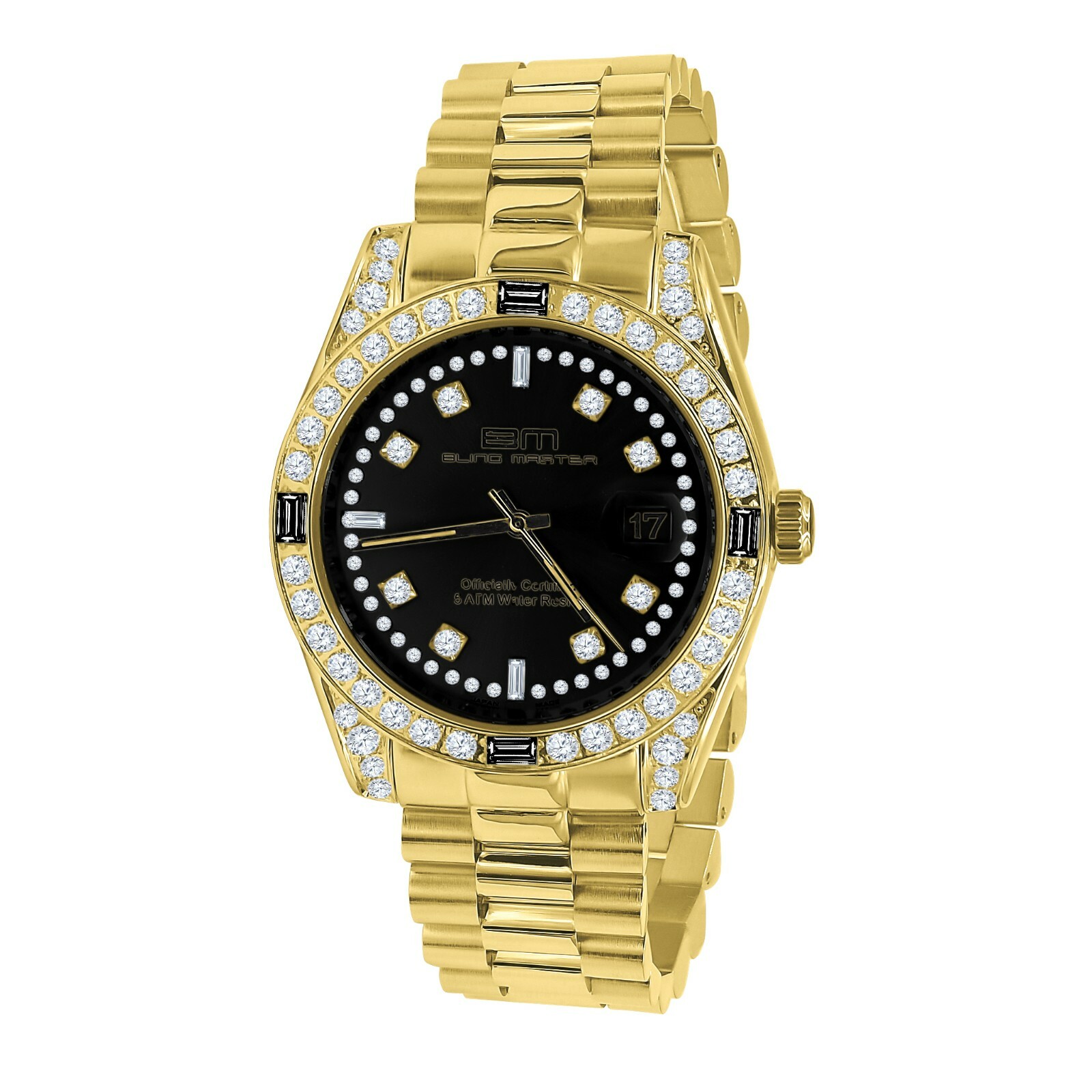 Pre-owned Bling Master Solid Steel 18k Gold Tone Black Dial Simulated Diamond Mens President Watch 40mm