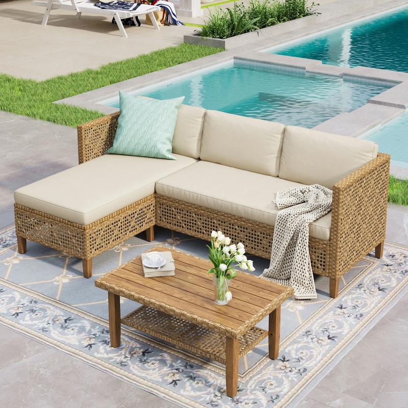 3-Pc Wicker Patio Furniture Set Boho Outdoor Sofa with Wood Co...