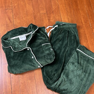 Born Womens Small Green 2 Piece Pajama Set Long Sleeve Button Up Soft Fleece