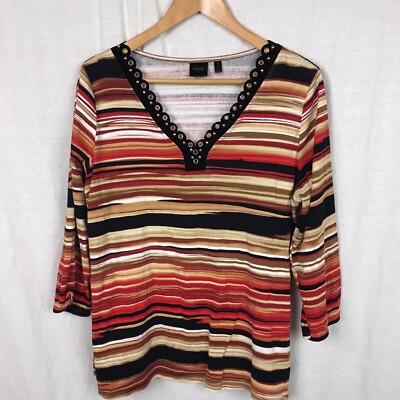 Rafaella Women's Striped 3/4 Sleeve Scalloped V Neck Shirt 100% Cotton Size 1X