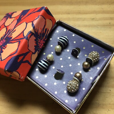 set of 2 pairs Earrings d.w. Pearls Crystals Golden Beads Glass w/ Stripes Balls